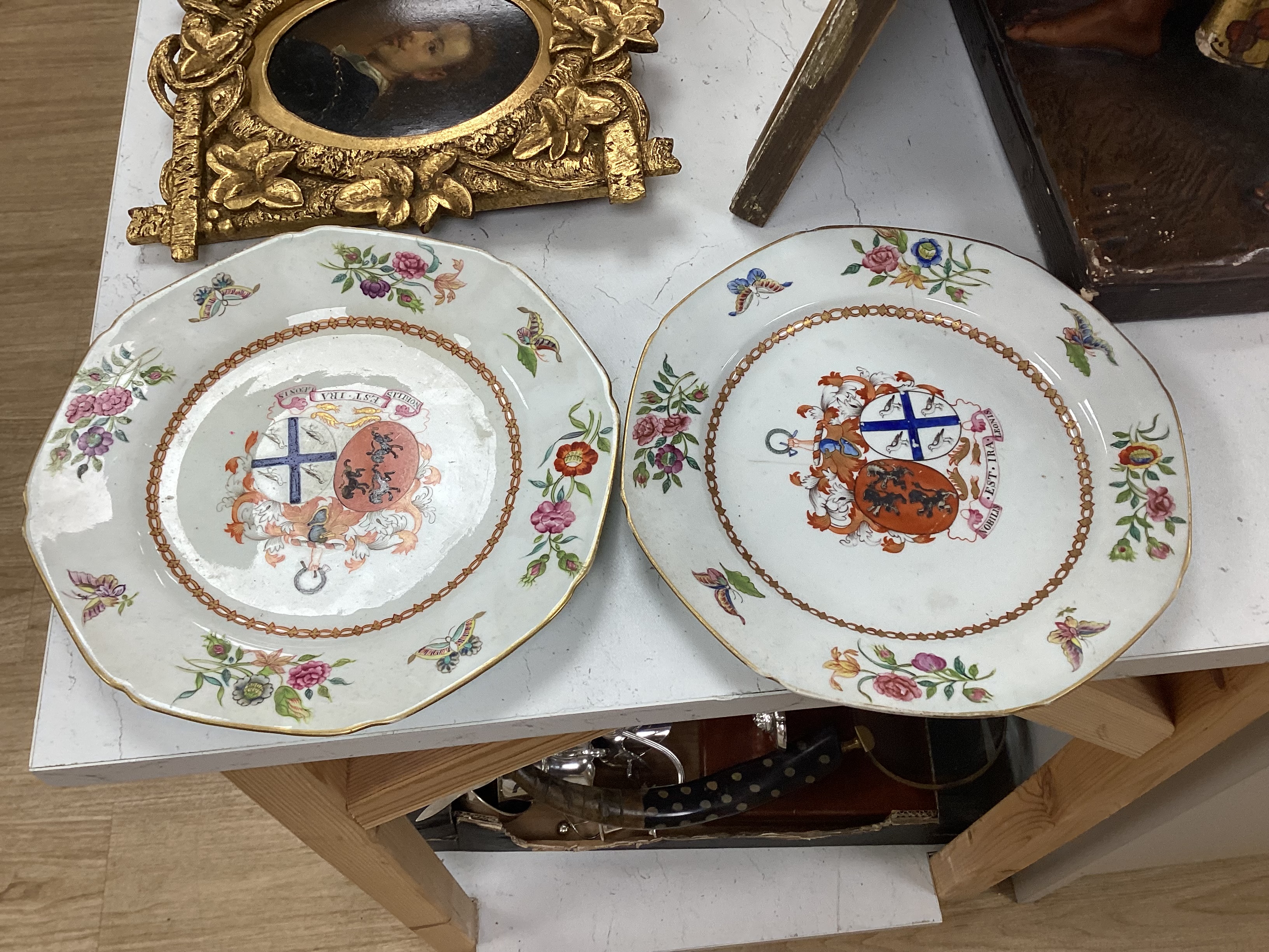 A group of Spode, Copeland & Garrett etc. stone china and porcelain armorial dinner wares, for Stuart of Bute, c.1820-50, The design in imitation of 18th century Chinese exports armorial wares, largest 28cm wide